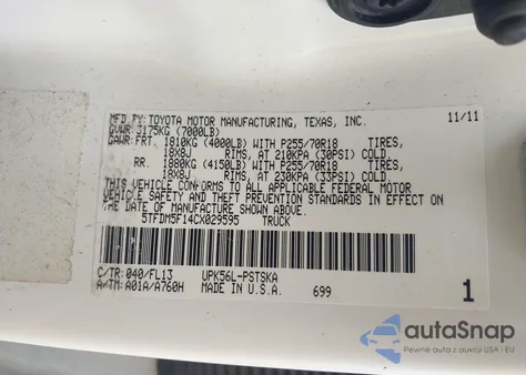 2012 Toyota Tundra Grade 4.6L V8 from USA, damaged, VIN 5TFDM5F14CX029595